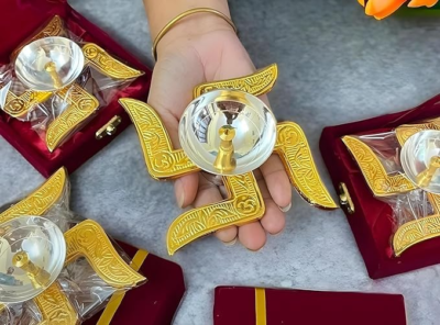 Brass Swastik Diya with Royal Velvet Box for Pooja,Diwali,Home Decor, Return Gift. - Image 4