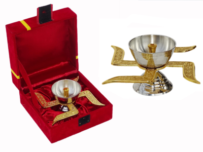 Brass Swastik Diya with Royal Velvet Box for Pooja,Diwali,Home Decor, Return Gift. - Image 11