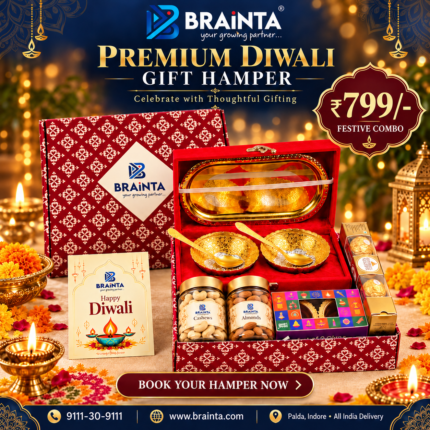 Brainta Premium Diwali Gift Hamper DC51 with dry fruits, decorative golden bowls and festive gift box